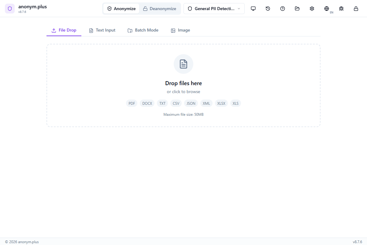 Main interface showing header bar, mode toggle, preset selector, and file dropzone