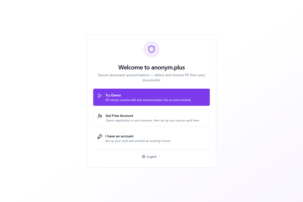 Welcome screen with three options: Try Demo, Get Free Account, I have an account