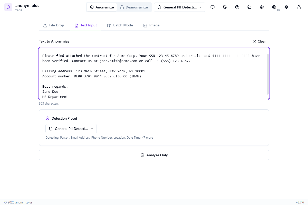Text input mode with sample text containing PII, detection preset selector, and Analyze button