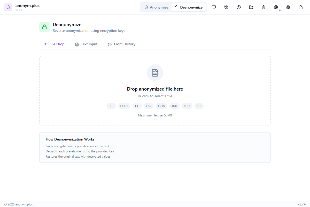 Deanonymize panel with file drop, text input, and from history tabs