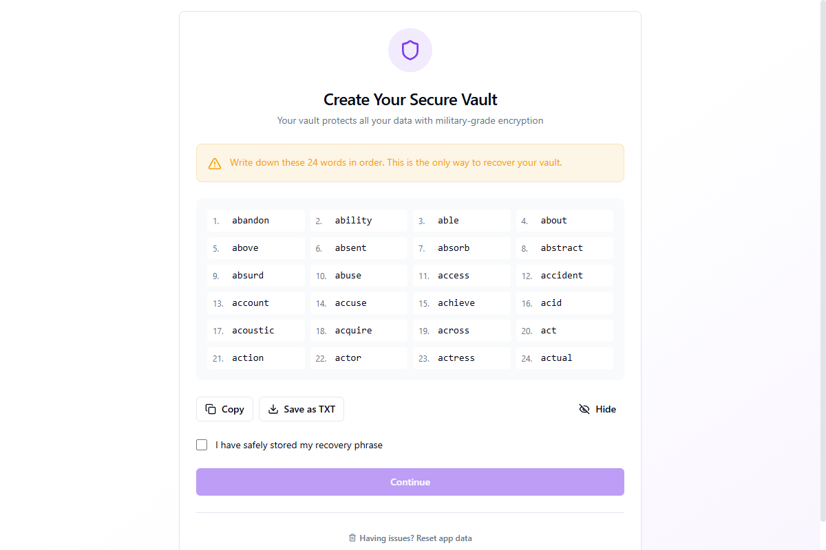Recovery phrase displayed as 24 numbered words in a grid