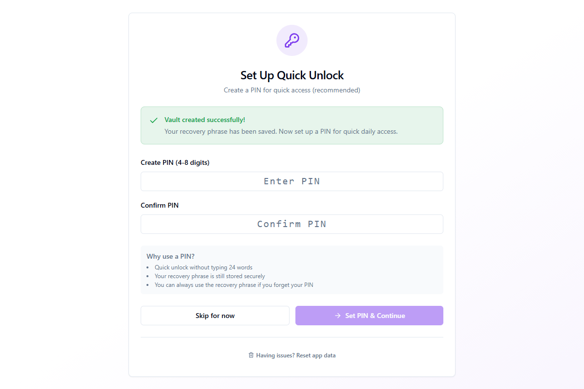 PIN setup form with Create PIN and Confirm PIN fields