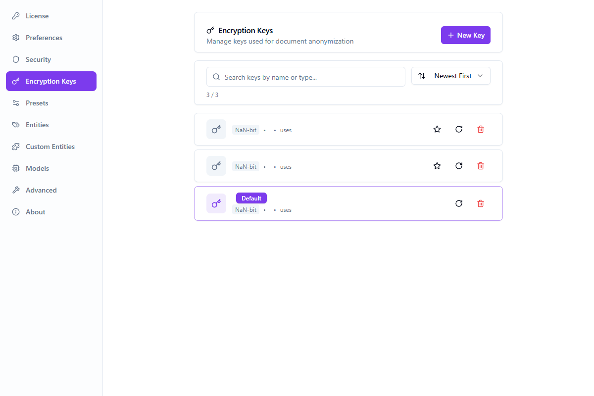 Encryption keys panel showing 3 keys with search, sort, and new key button