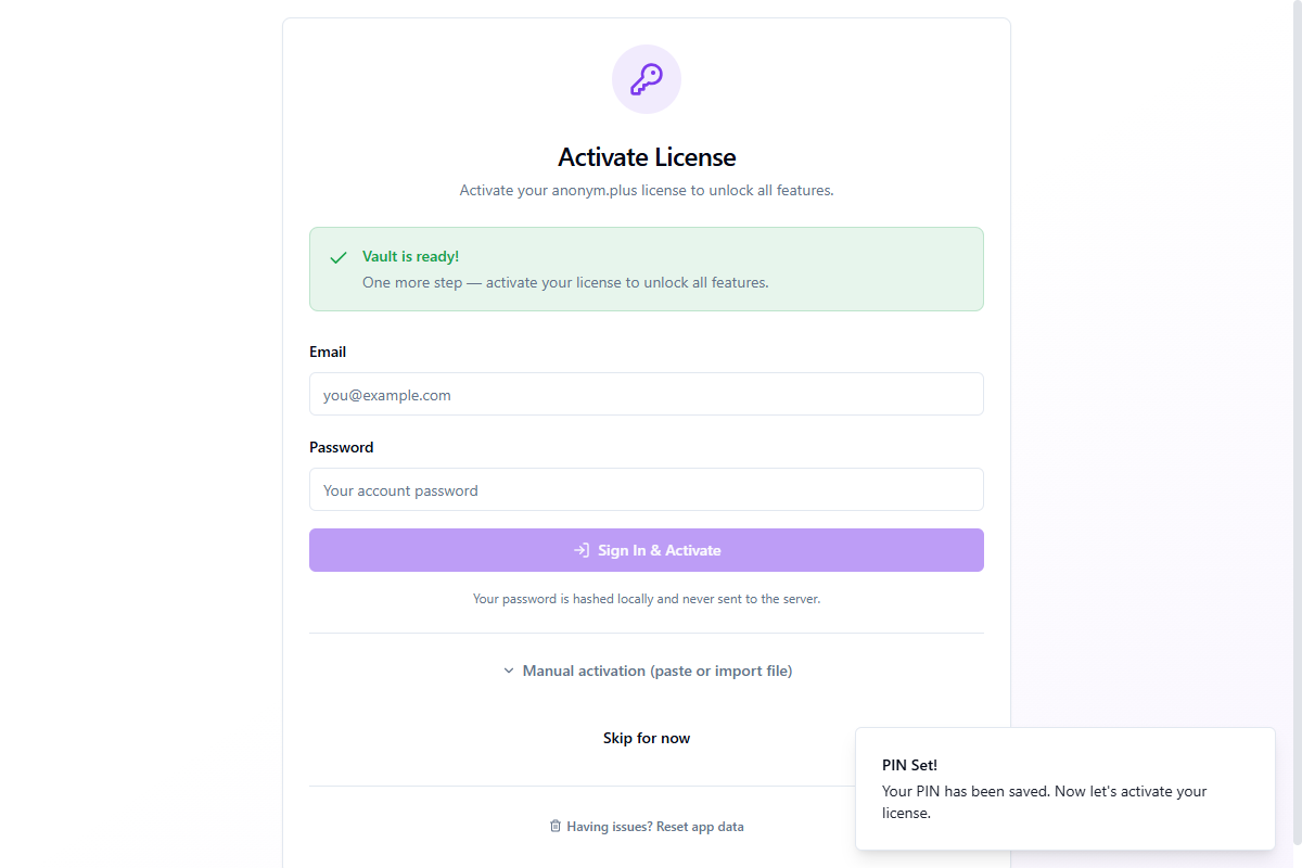 License activation form with email and password fields
