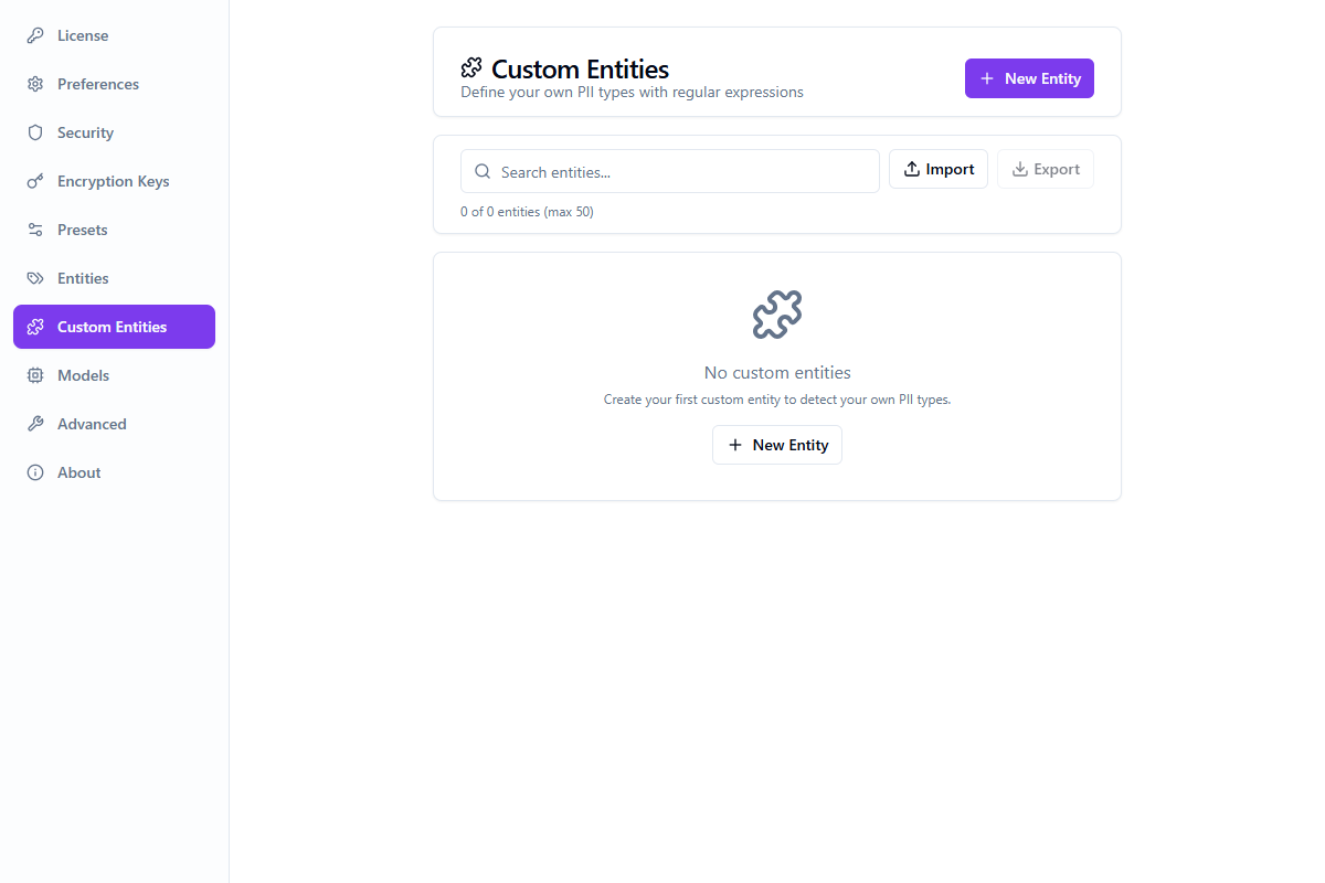 Custom entities panel with search, import/export buttons, and new entity button