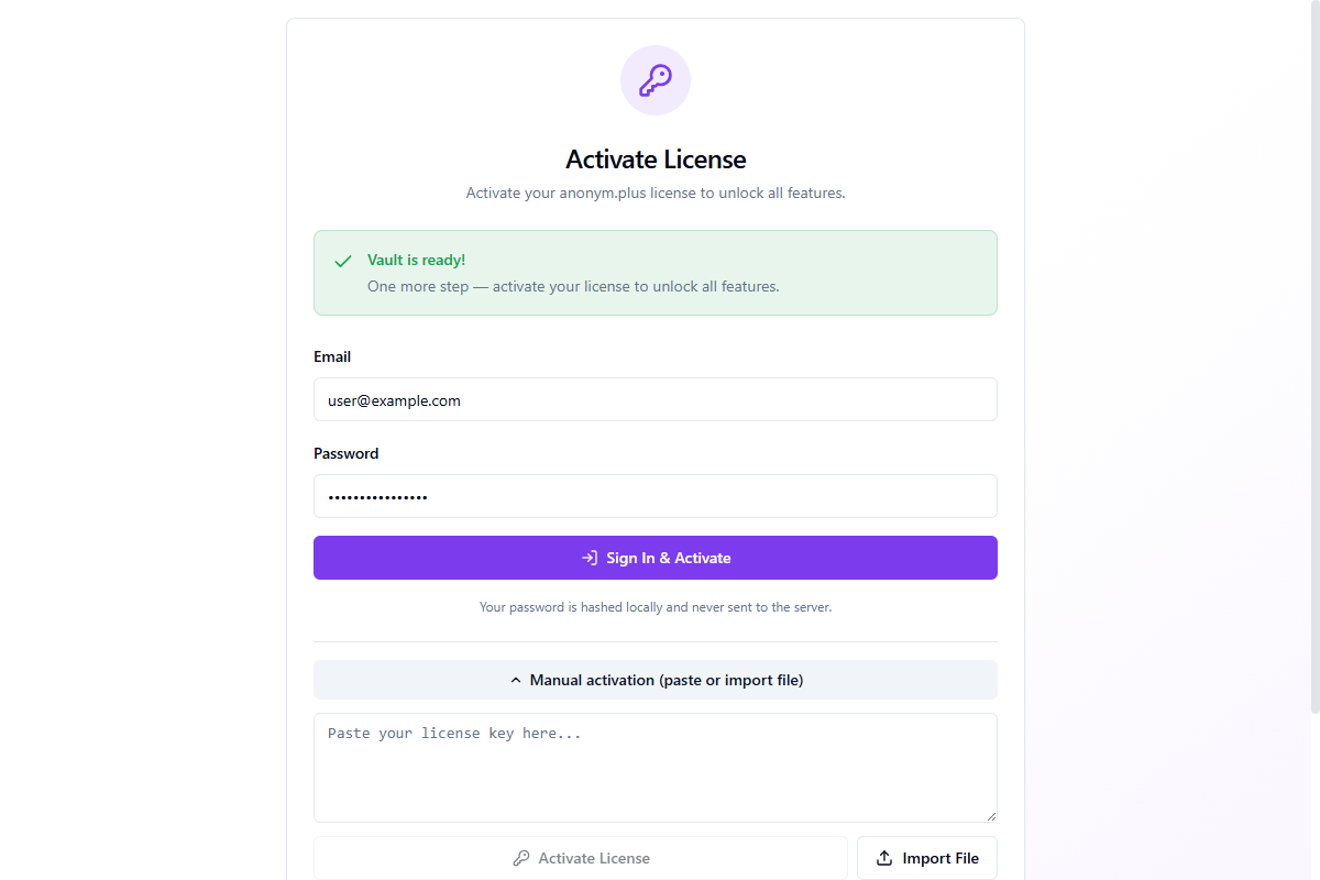 Manual activation panel with paste field and Import File button