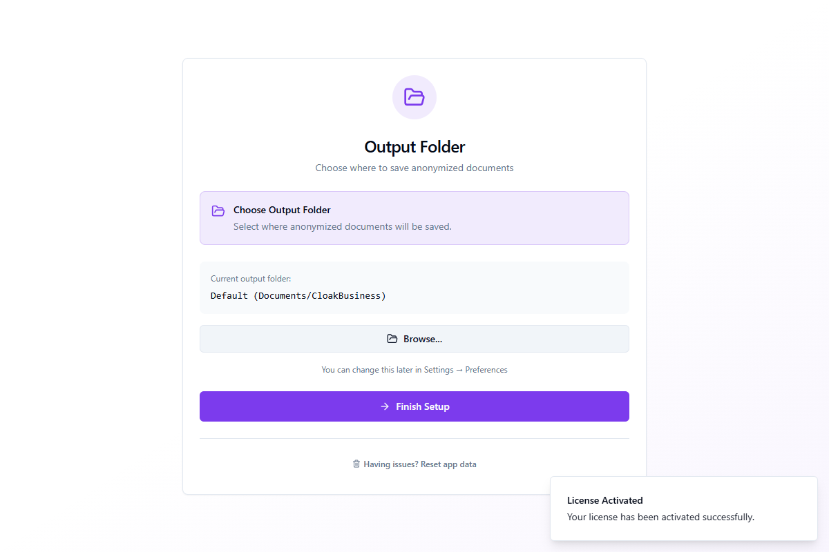 Output folder selection with Browse button and default path