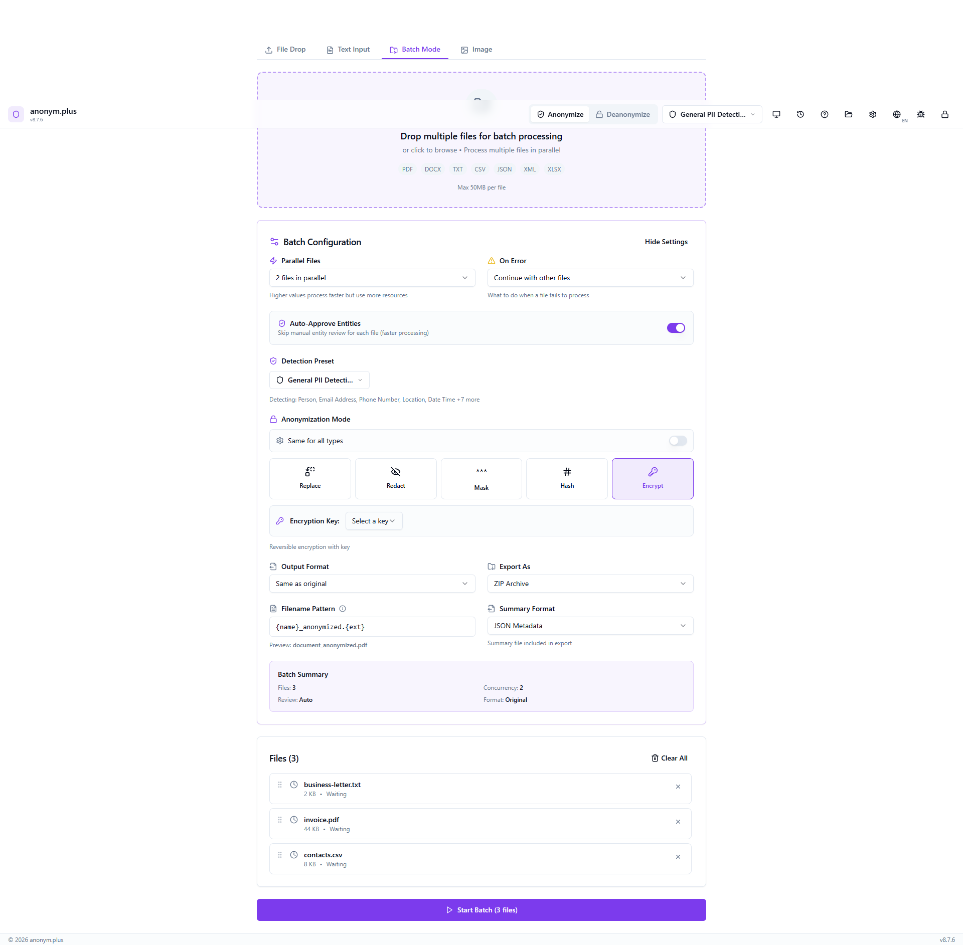 Full batch config with Encrypt operator highlighted, Production Key 256-bit, 2 parallel files, auto-approve ON, ZIP archive export