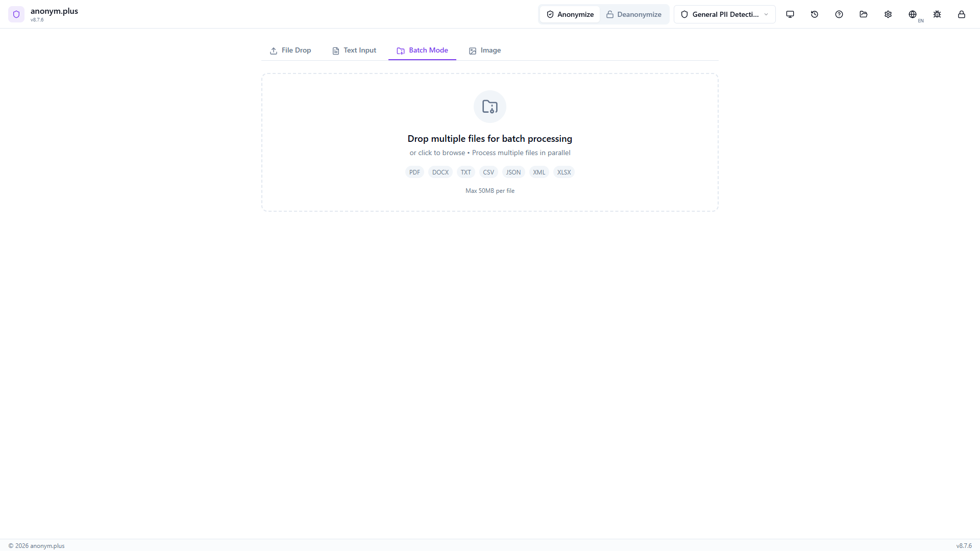 Batch Mode tab with multi-file dropzone for encryption-based batch processing