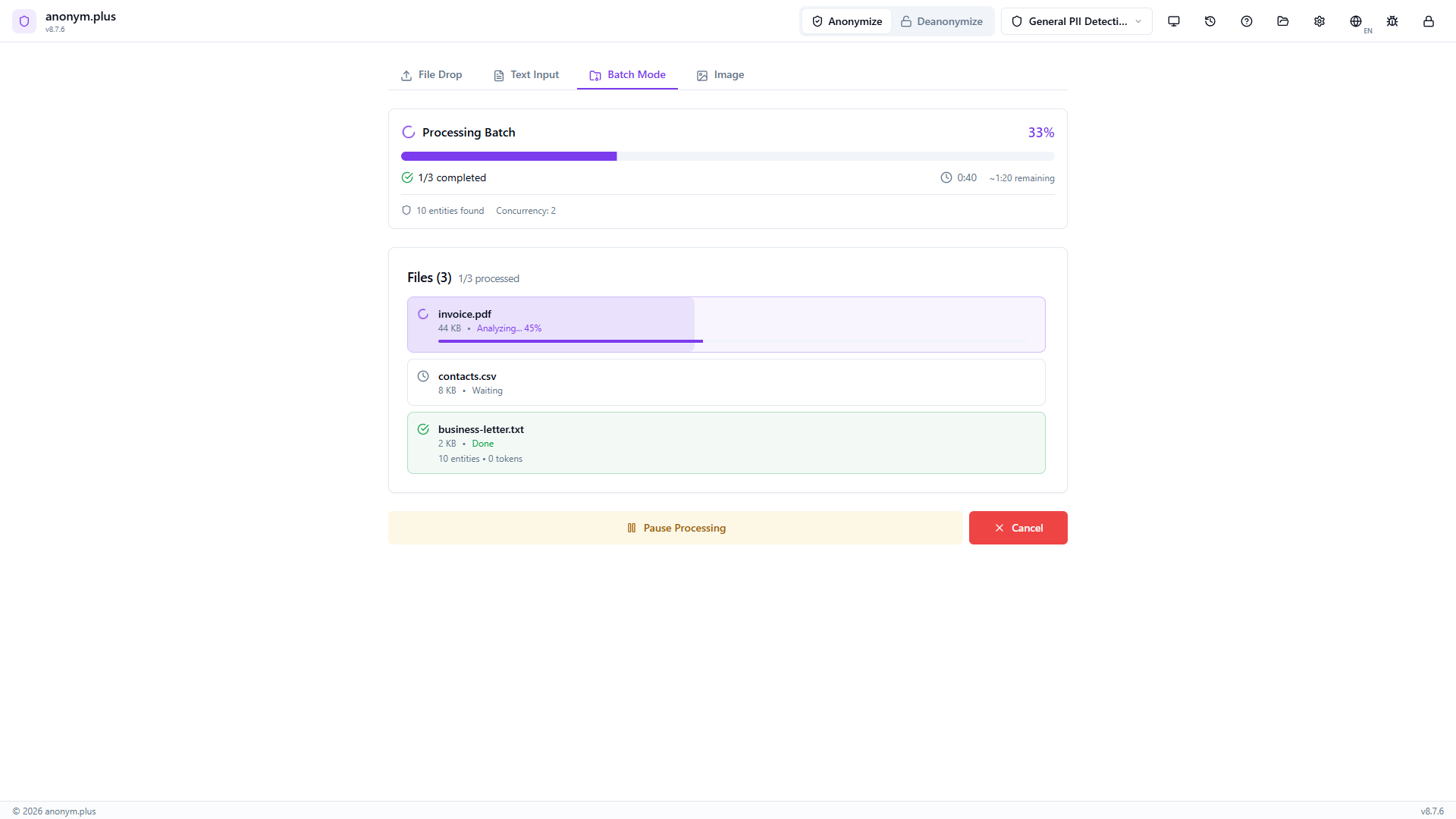 Batch encryption processing — mixed file statuses with progress bar and live stats