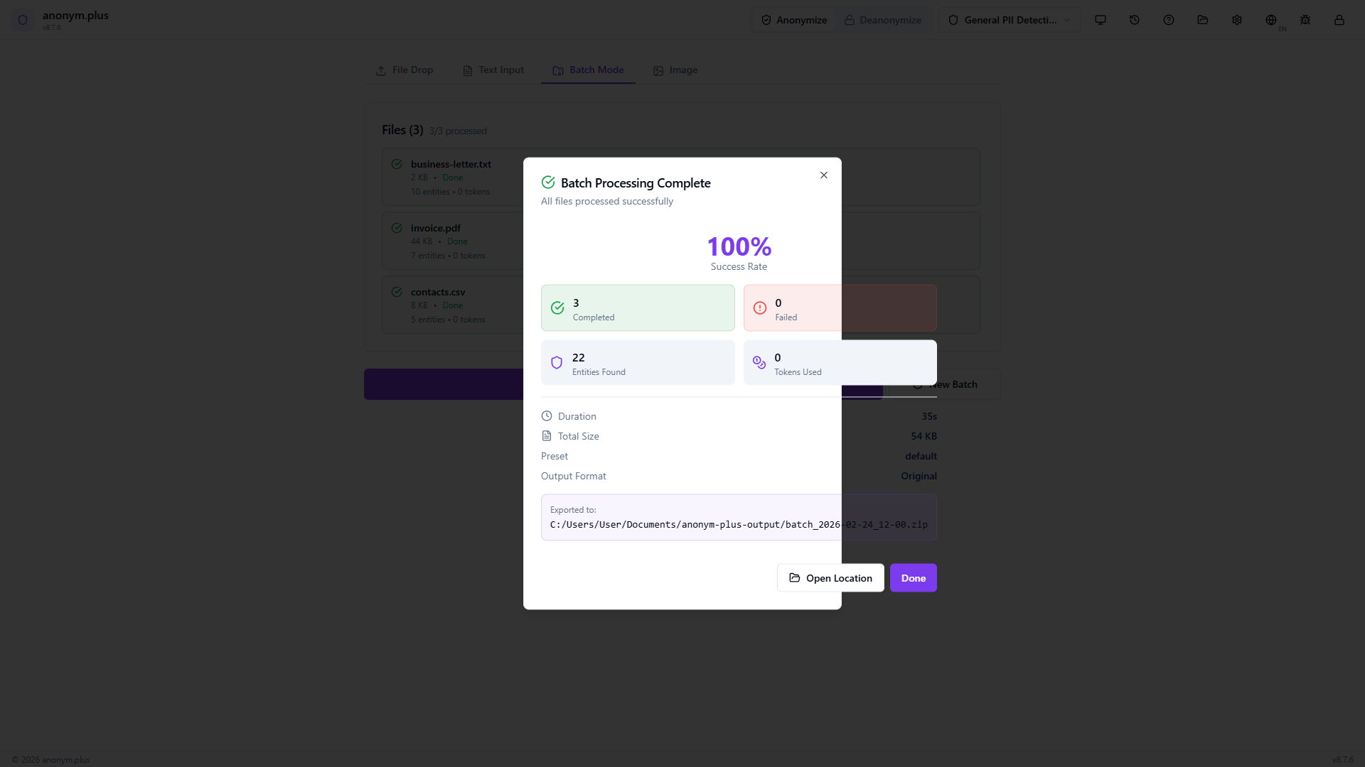 Batch complete modal — 100 percent success with encrypted output in ZIP archive