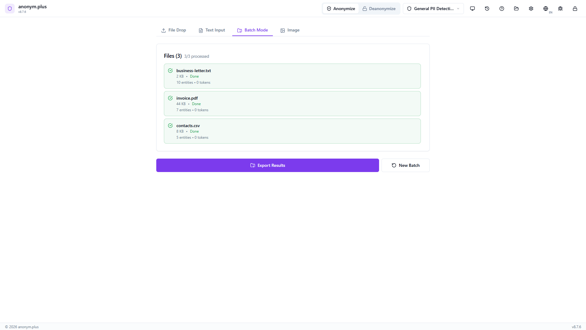 All 3 files processed — green checkmarks with entity counts of 10, 7, and 5 — Export Results and New Batch buttons