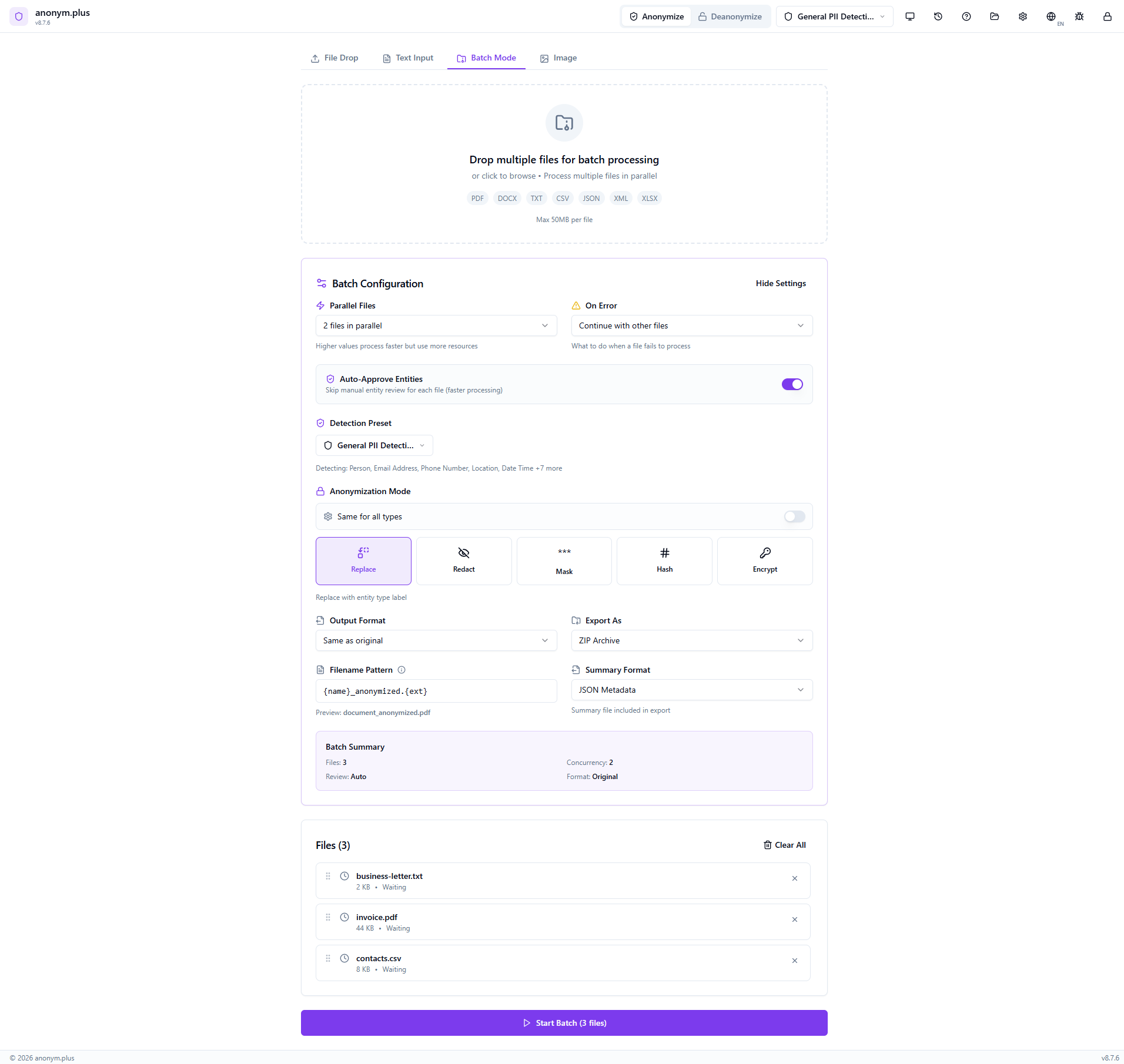 Three files added — business-letter.txt, invoice.pdf, contacts.csv — with batch configuration panel showing Replace operator, preset, concurrency, and export settings