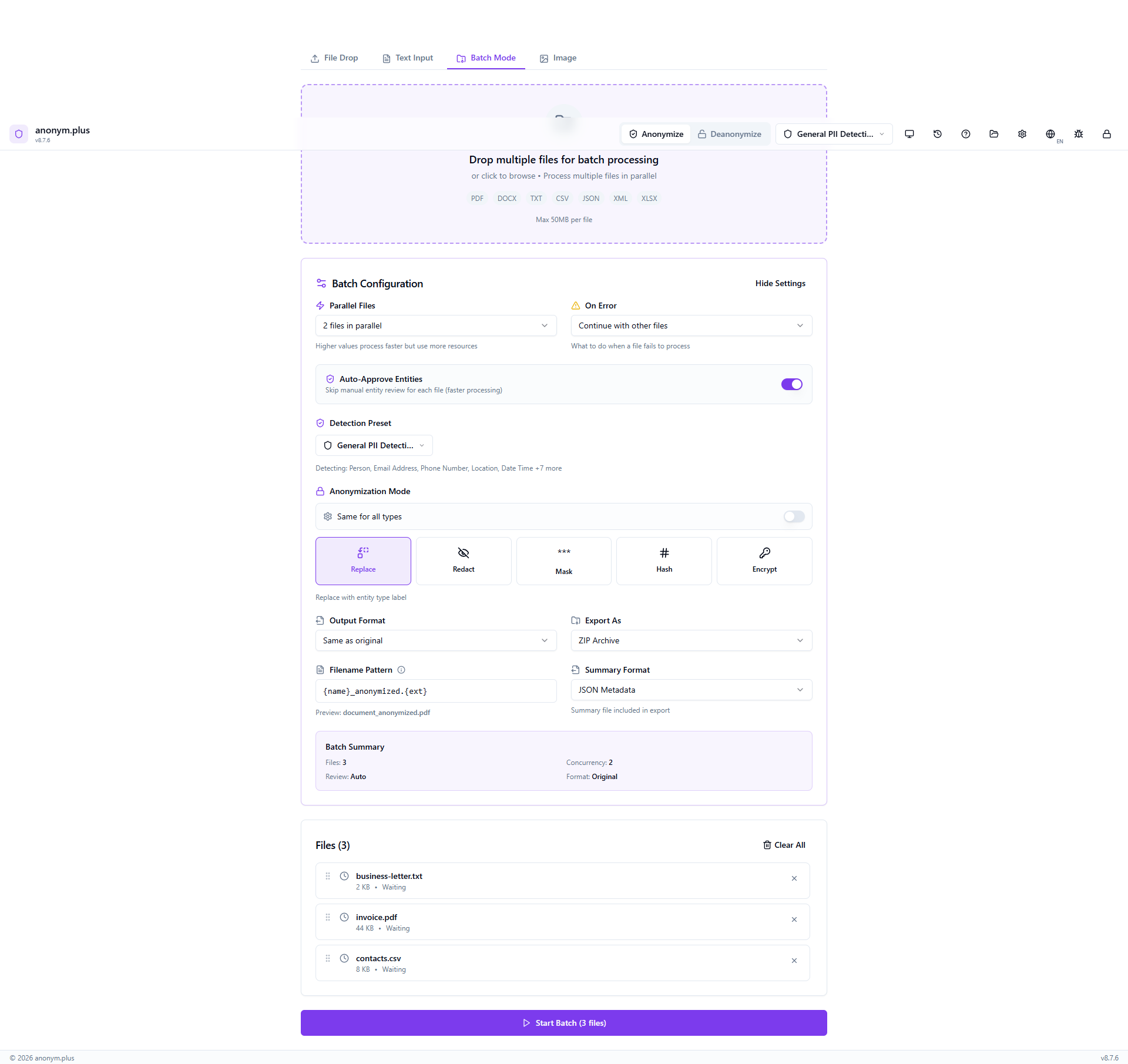 Full batch config — General PII Detection preset, Replace operator, 2 parallel files, auto-approve ON, Continue on error, ZIP archive export
