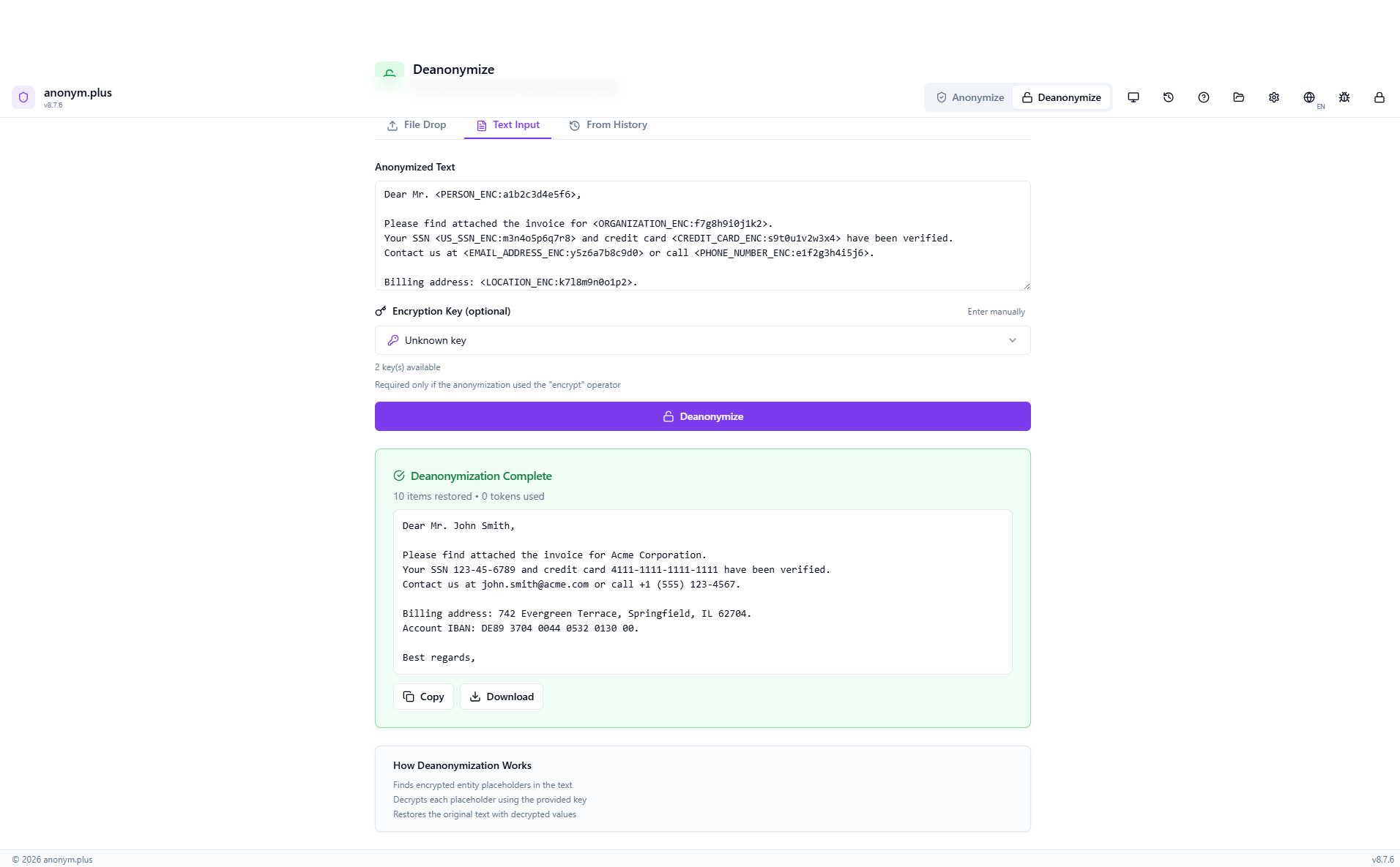 Deanonymization complete — 10 items restored with full original text including John Smith, Acme Corporation, SSN, credit card, email, phone, address, and IBAN