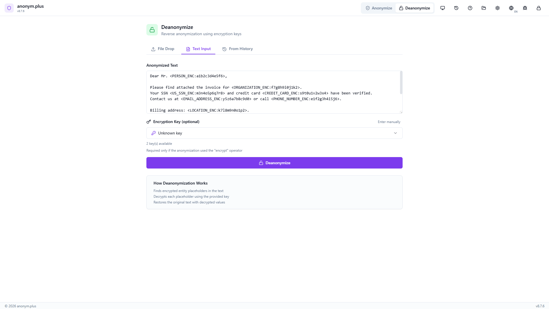 Encrypted text pre-loaded with tokens like PERSON_ENC — encryption key selector showing 2 available keys for decryption