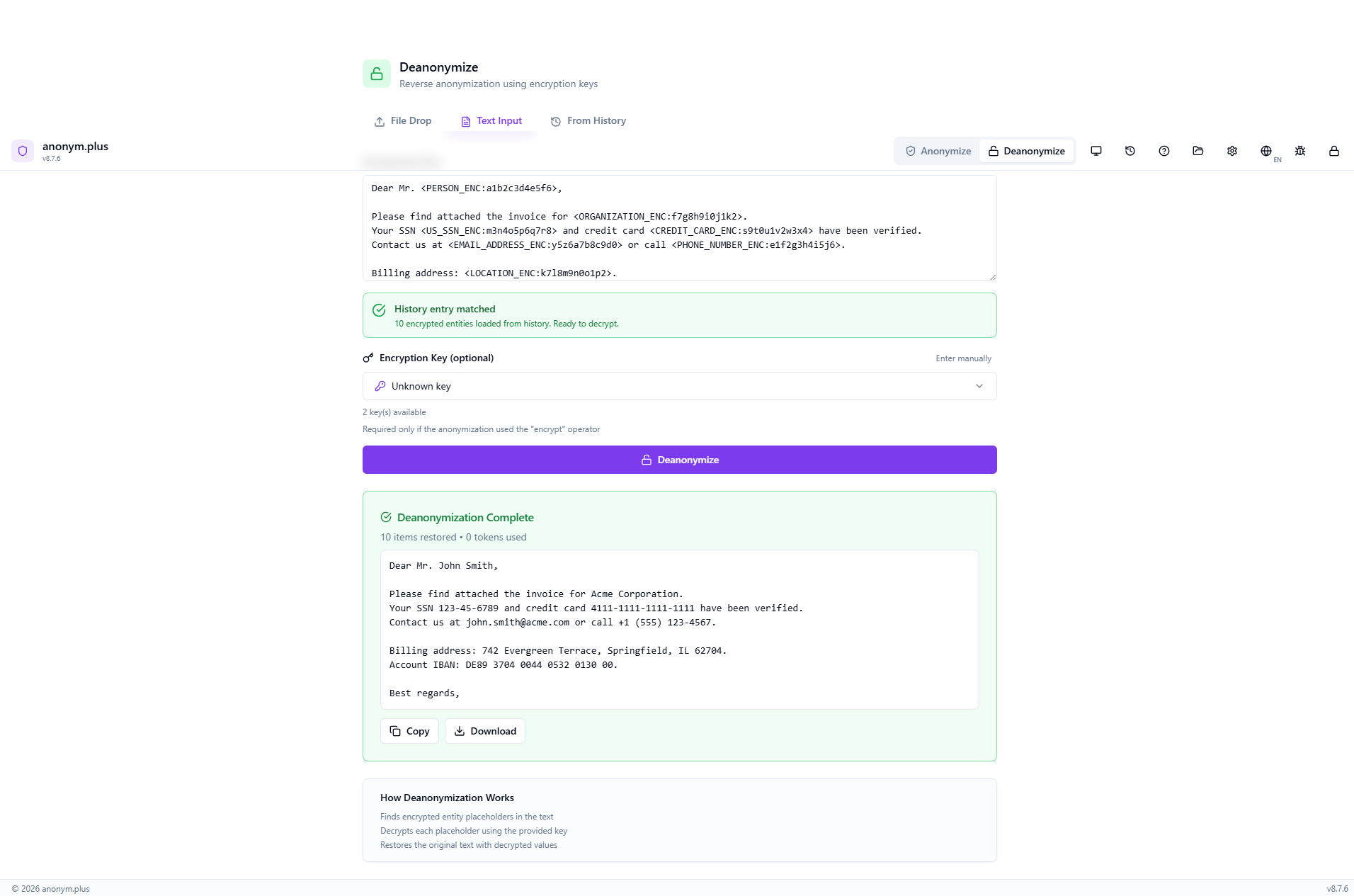 File deanonymization complete — all original PII values restored including names, SSN, credit card, email, phone, address, and IBAN