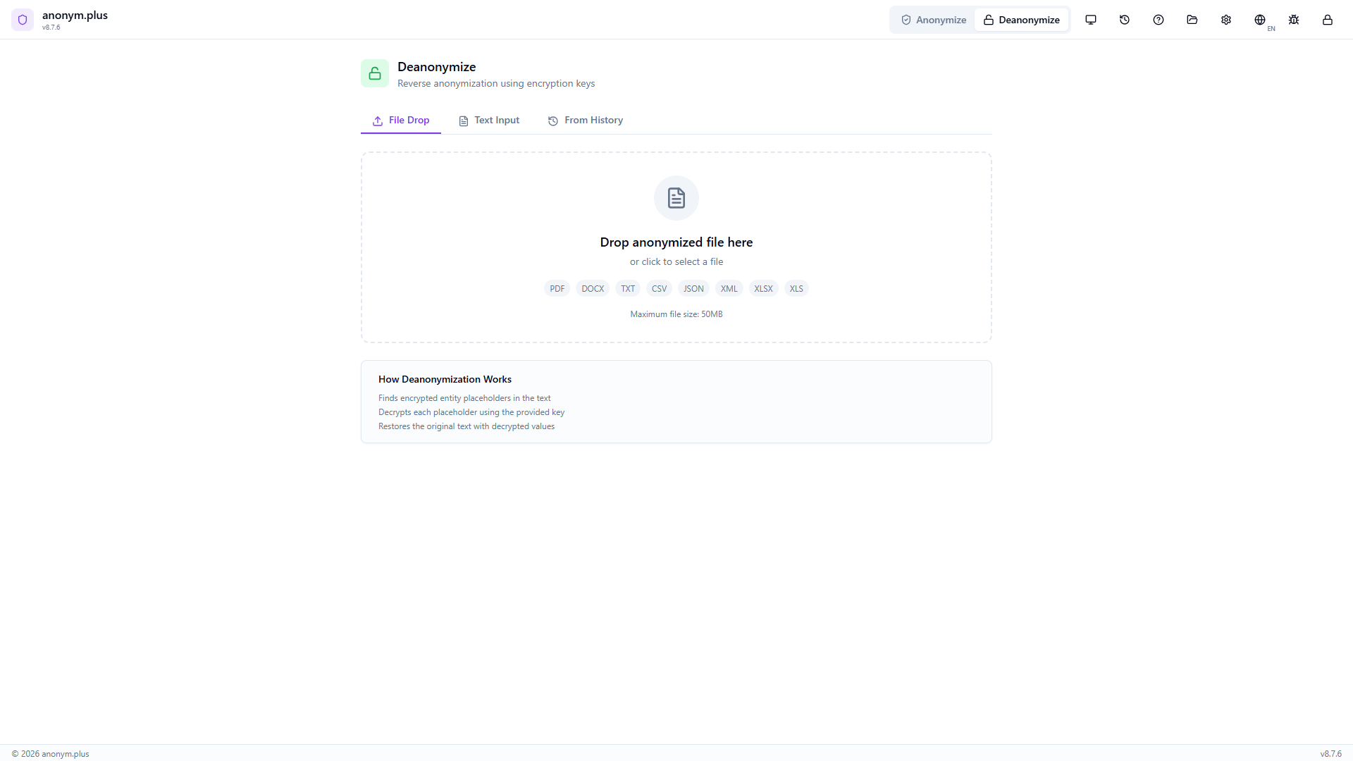 Deanonymize panel with File Drop tab active — drop an anonymized document to automatically extract and decrypt