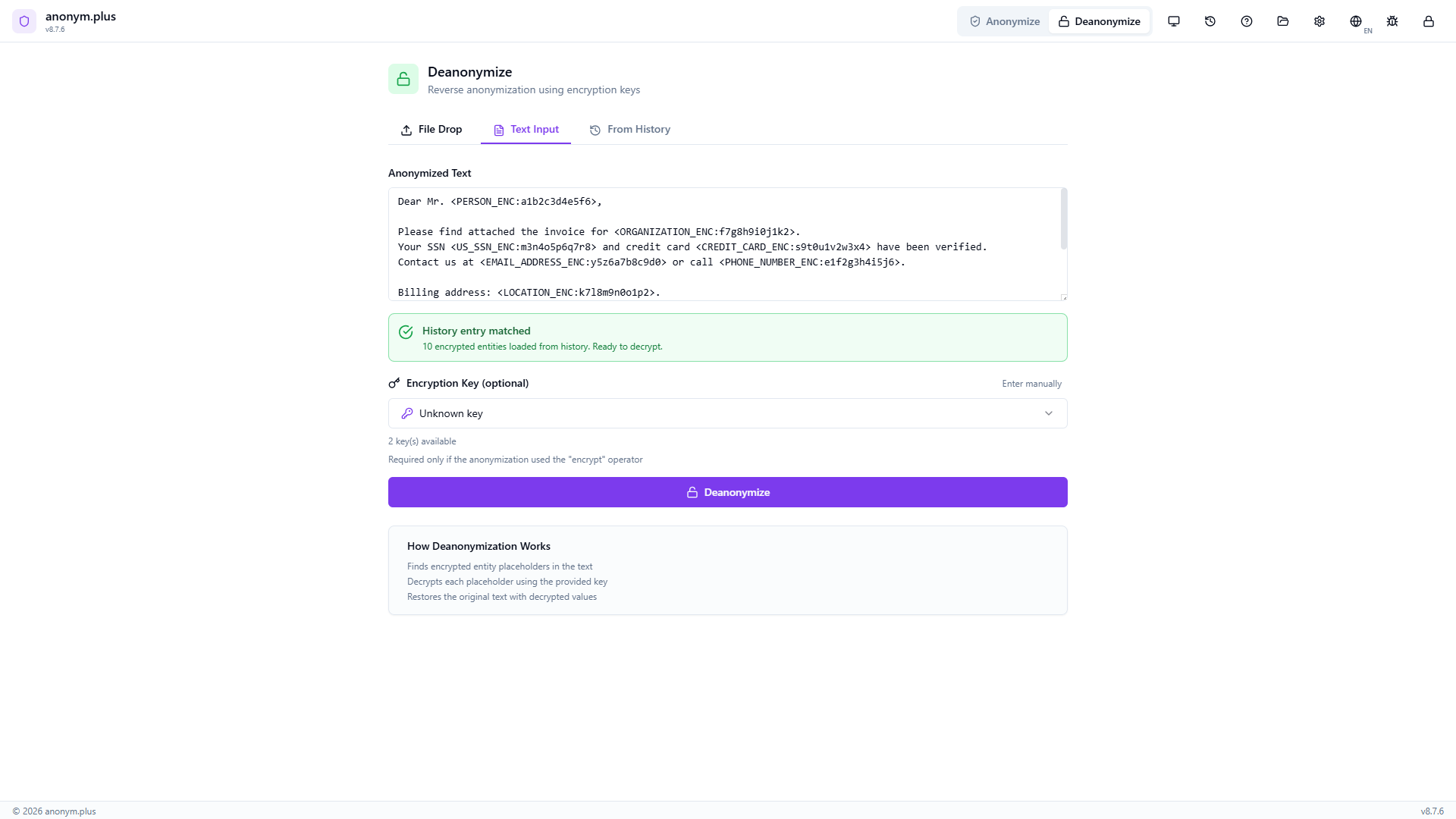 Encrypted text file business-letter_anonymized.txt dropped — encrypted text extracted and displayed with tokens visible