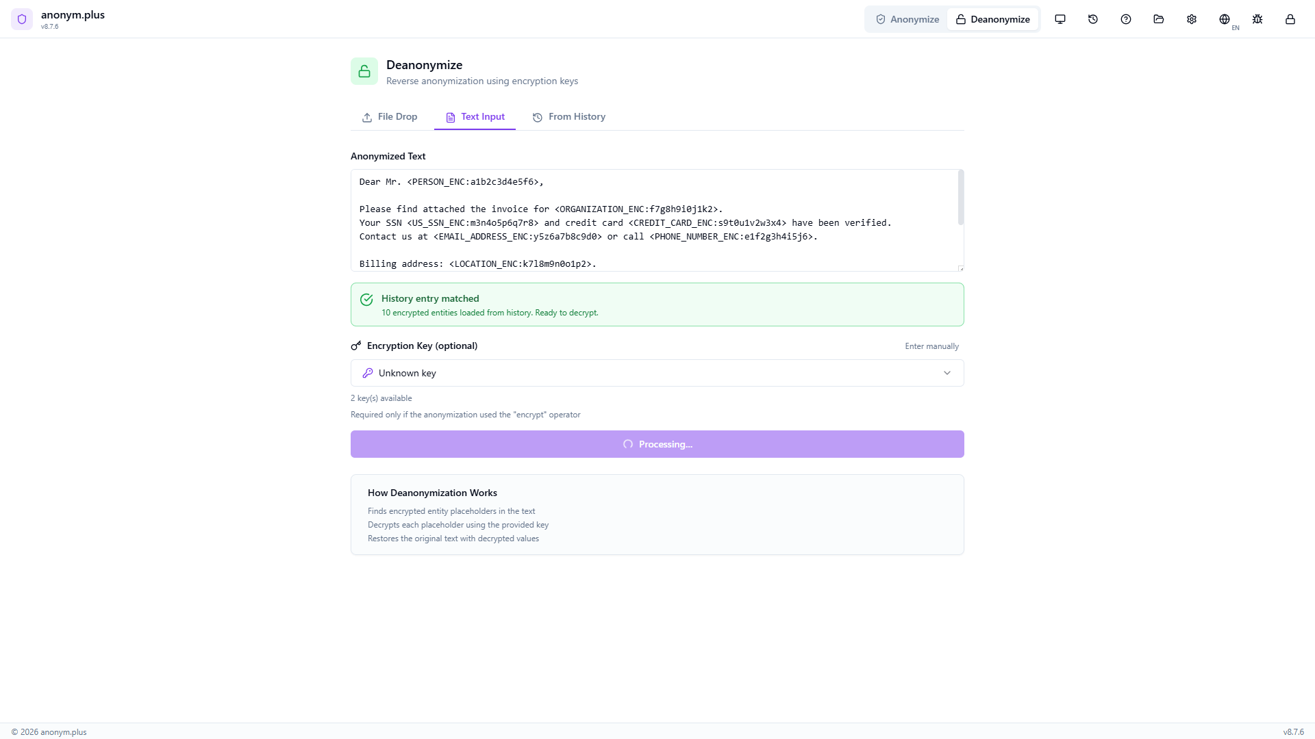 Decrypting encrypted tokens from the file using the matched encryption key