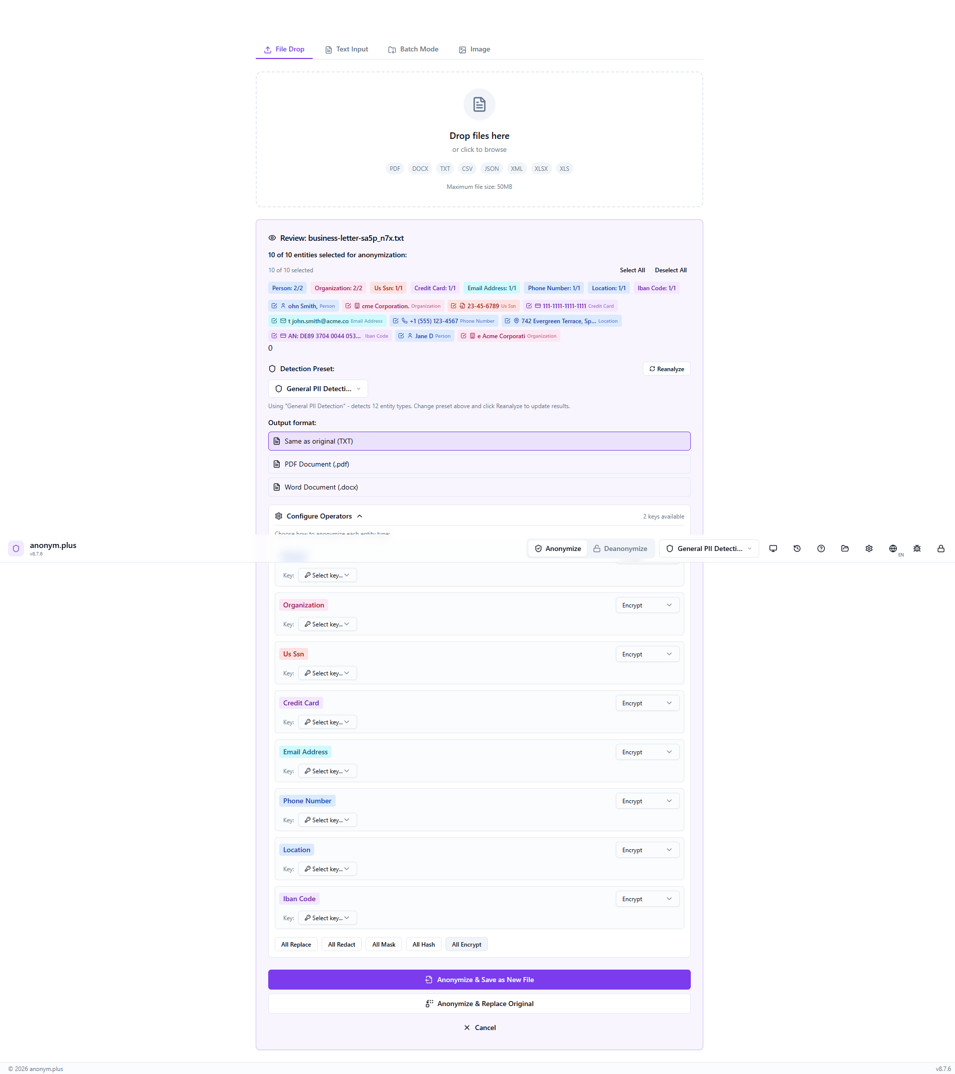 All Encrypt clicked — encrypt operator with Production Key 256-bit for reversible file anonymization