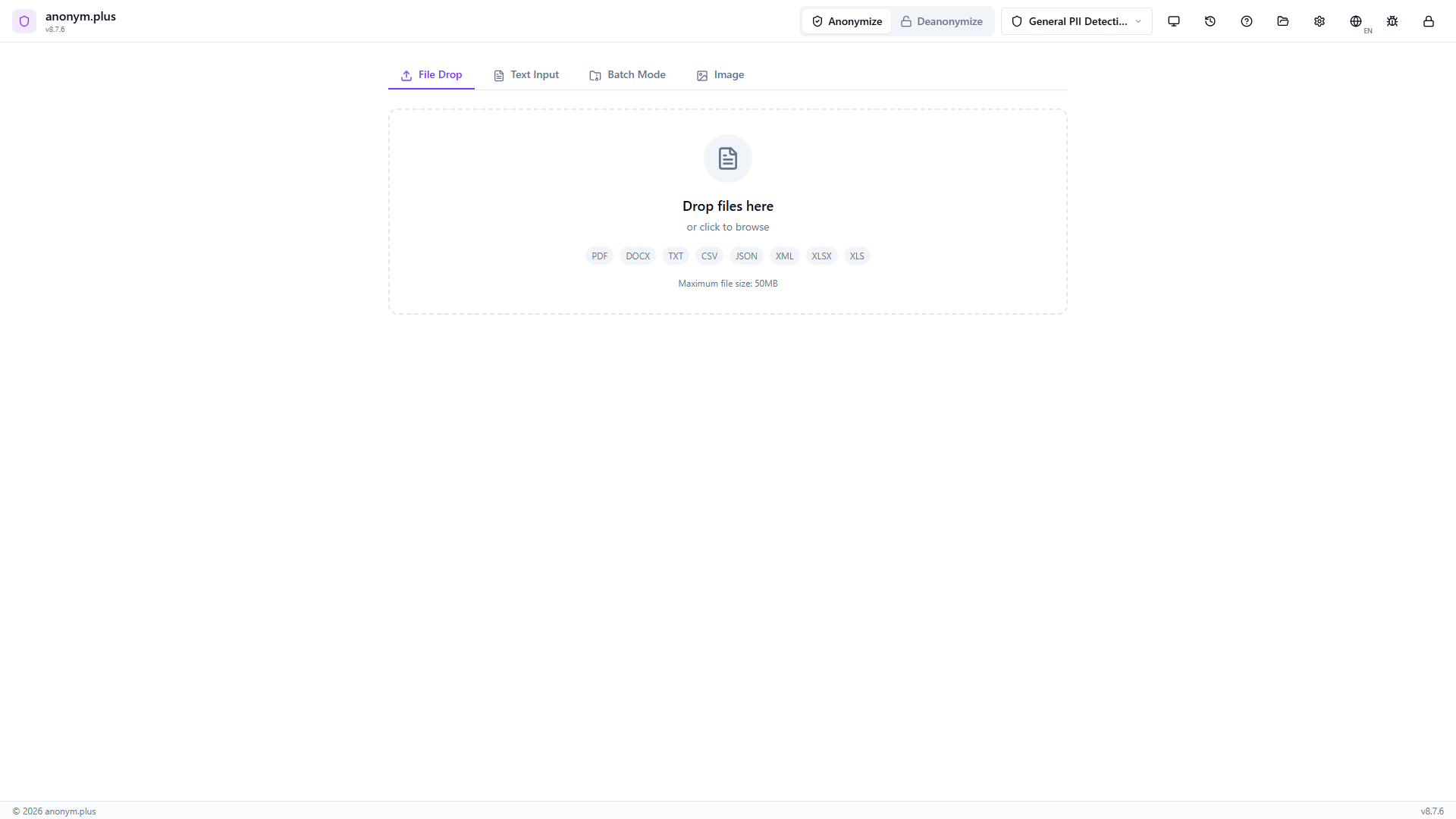 File Drop tab with empty dropzone for encryption-based file anonymization