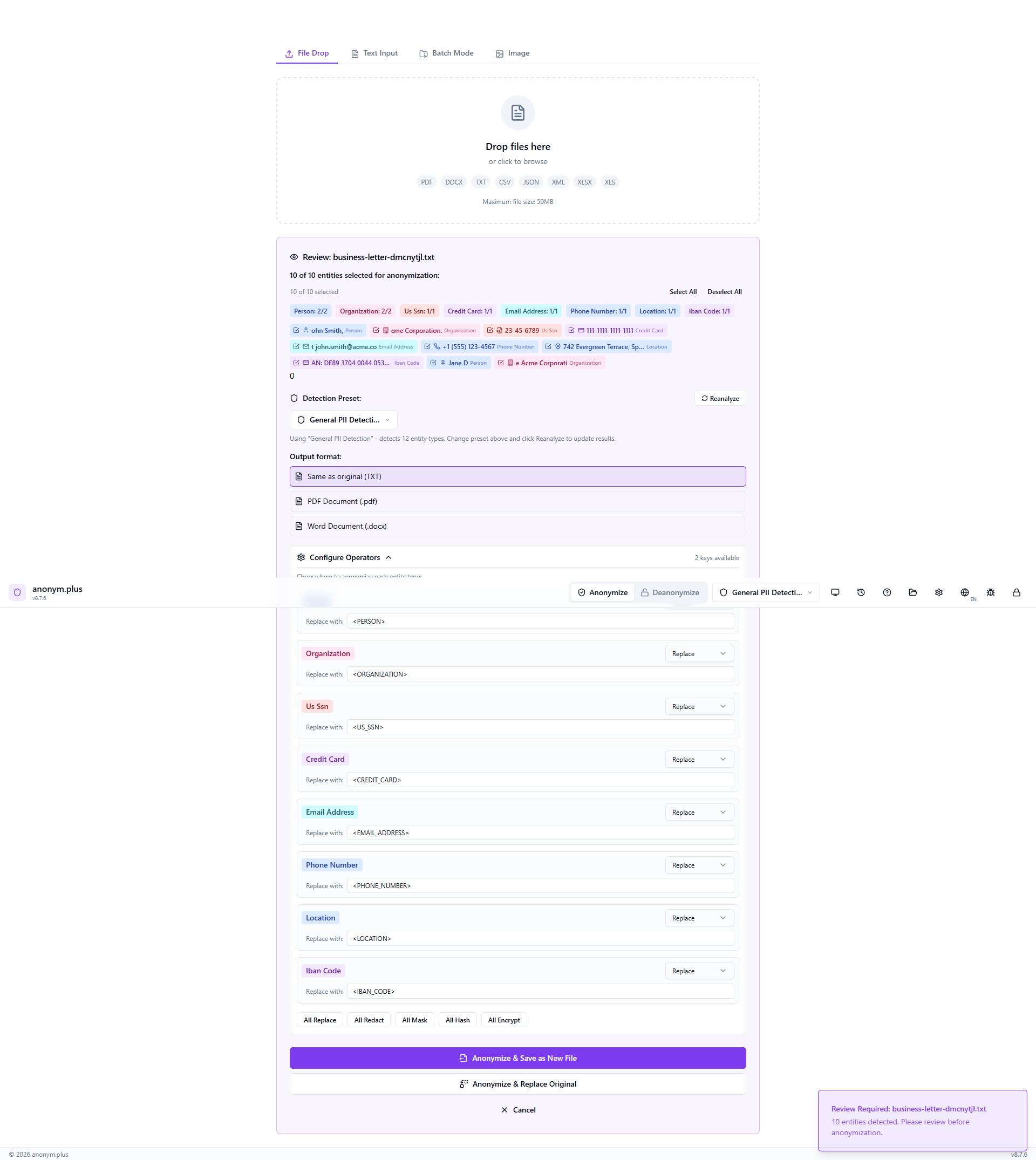 Replace operator configured for all entity types with output format selector — Save as original TXT, PDF, or DOCX