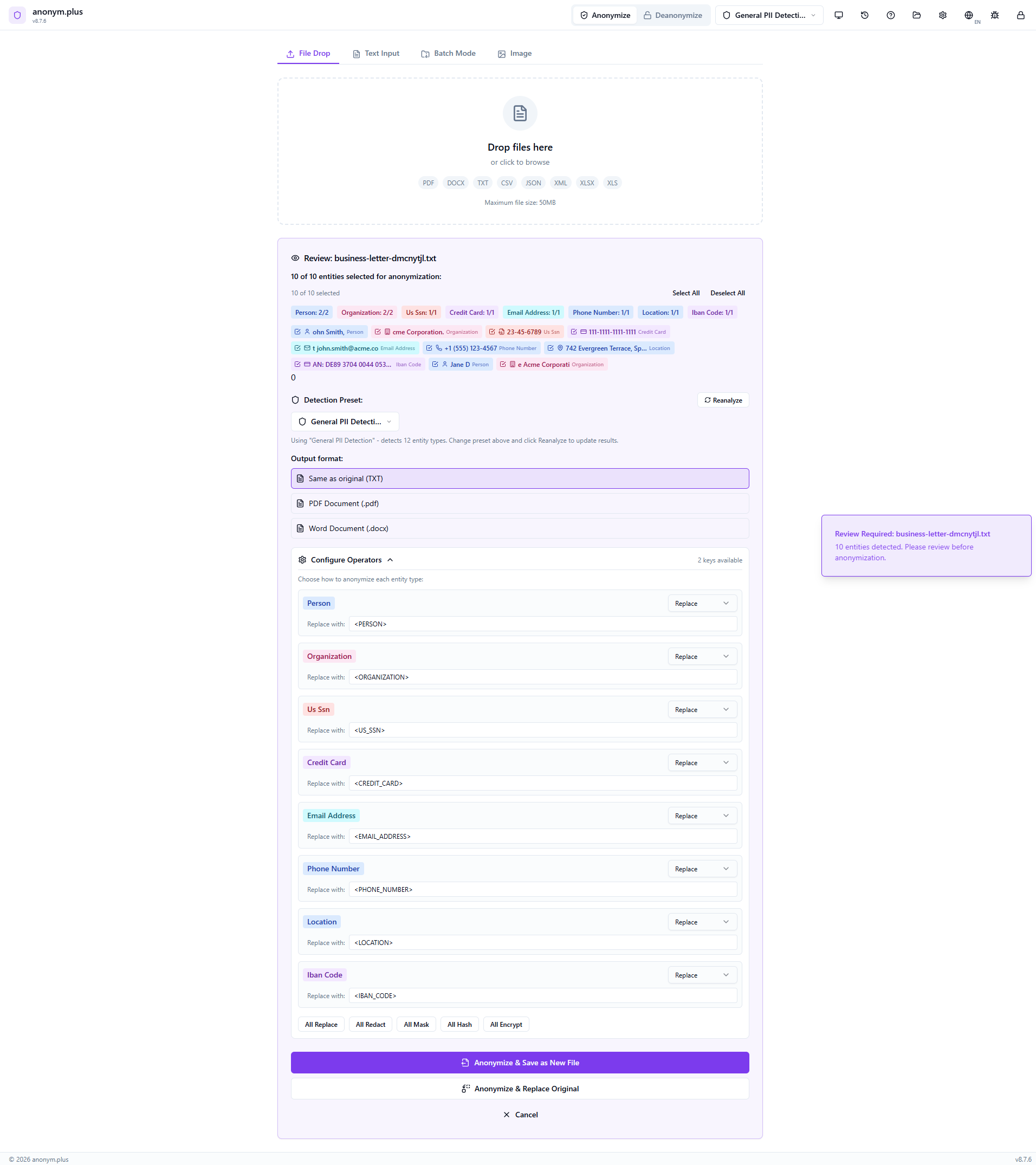 Review panel showing all detected entities from the file with color-coded badges and checkboxes for each entity type