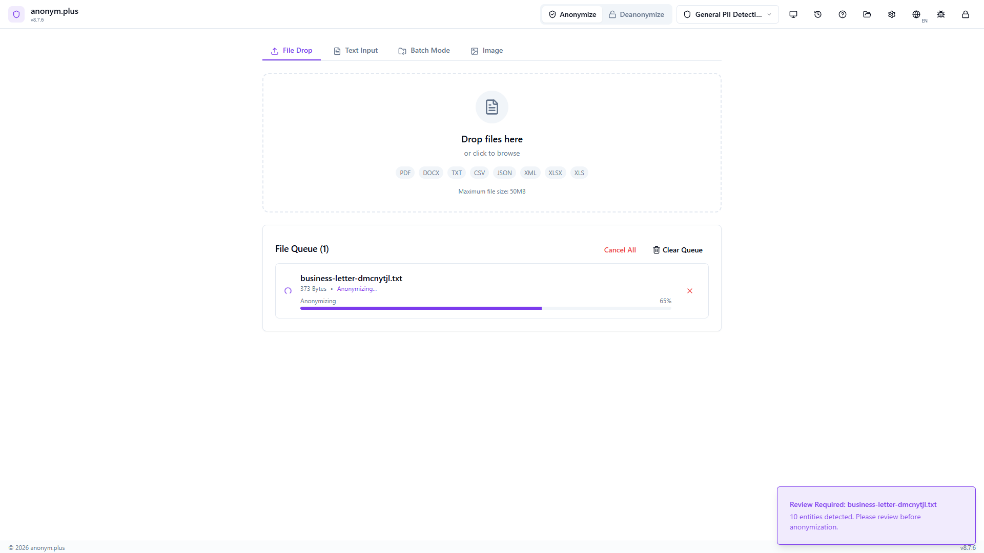 Saving anonymized file to output folder with progress indicator