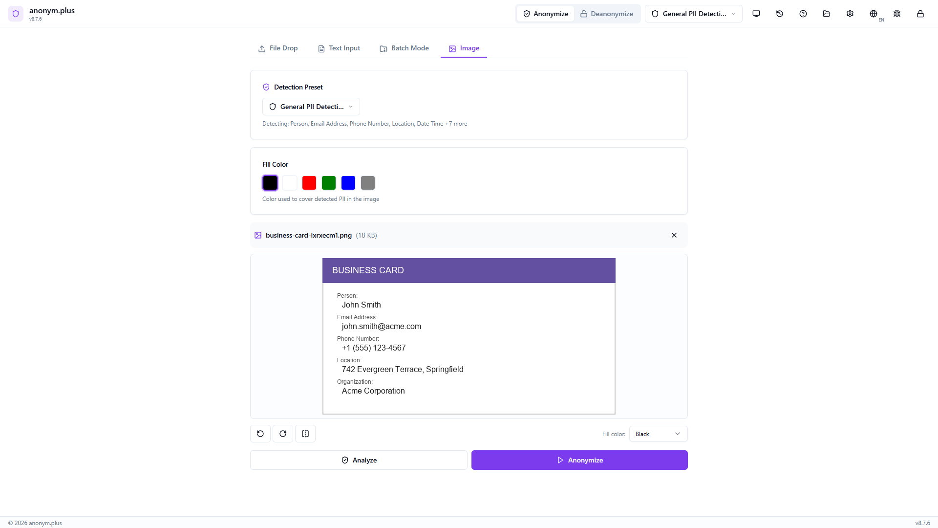 Business card image loaded with fill color selector, detection preset, and transform tools — ready to analyze