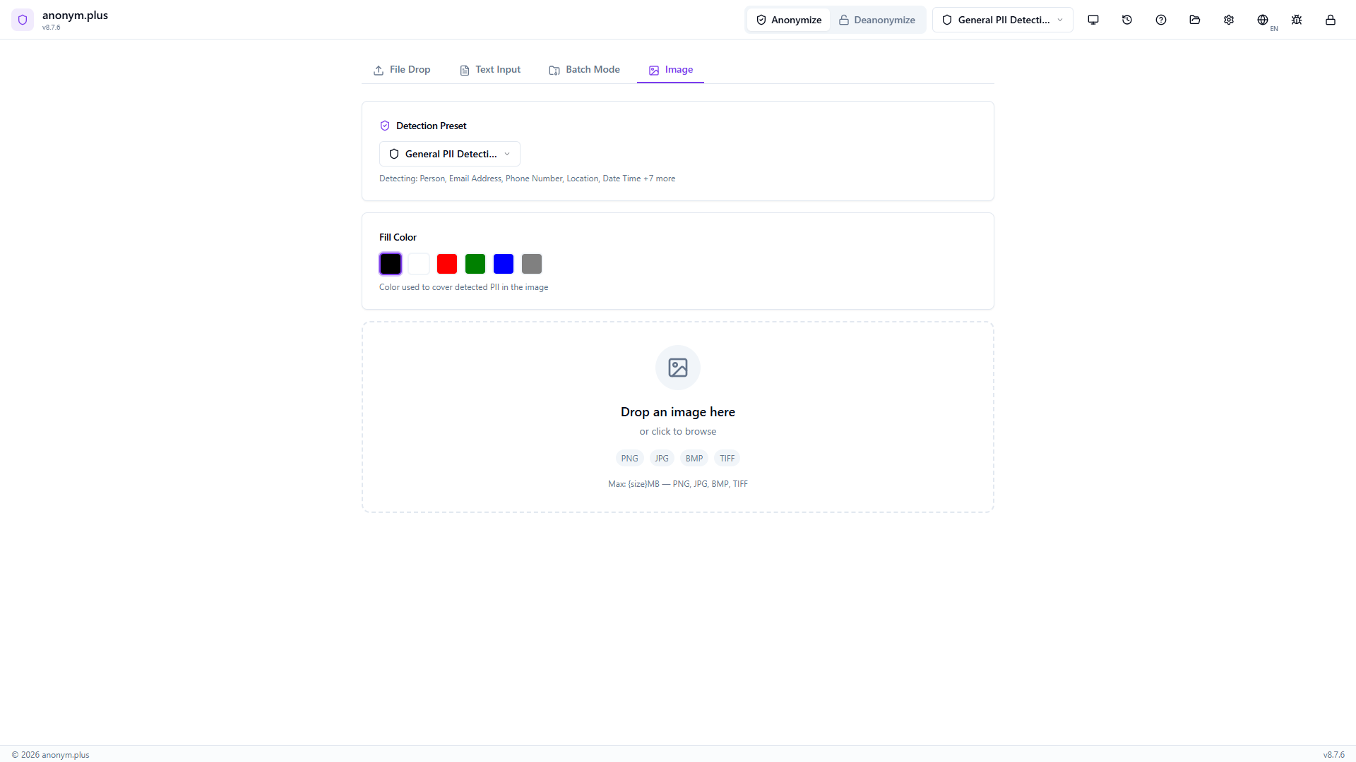 Image tab with empty dropzone for PNG, JPG, BMP, TIFF files — maximum 10MB