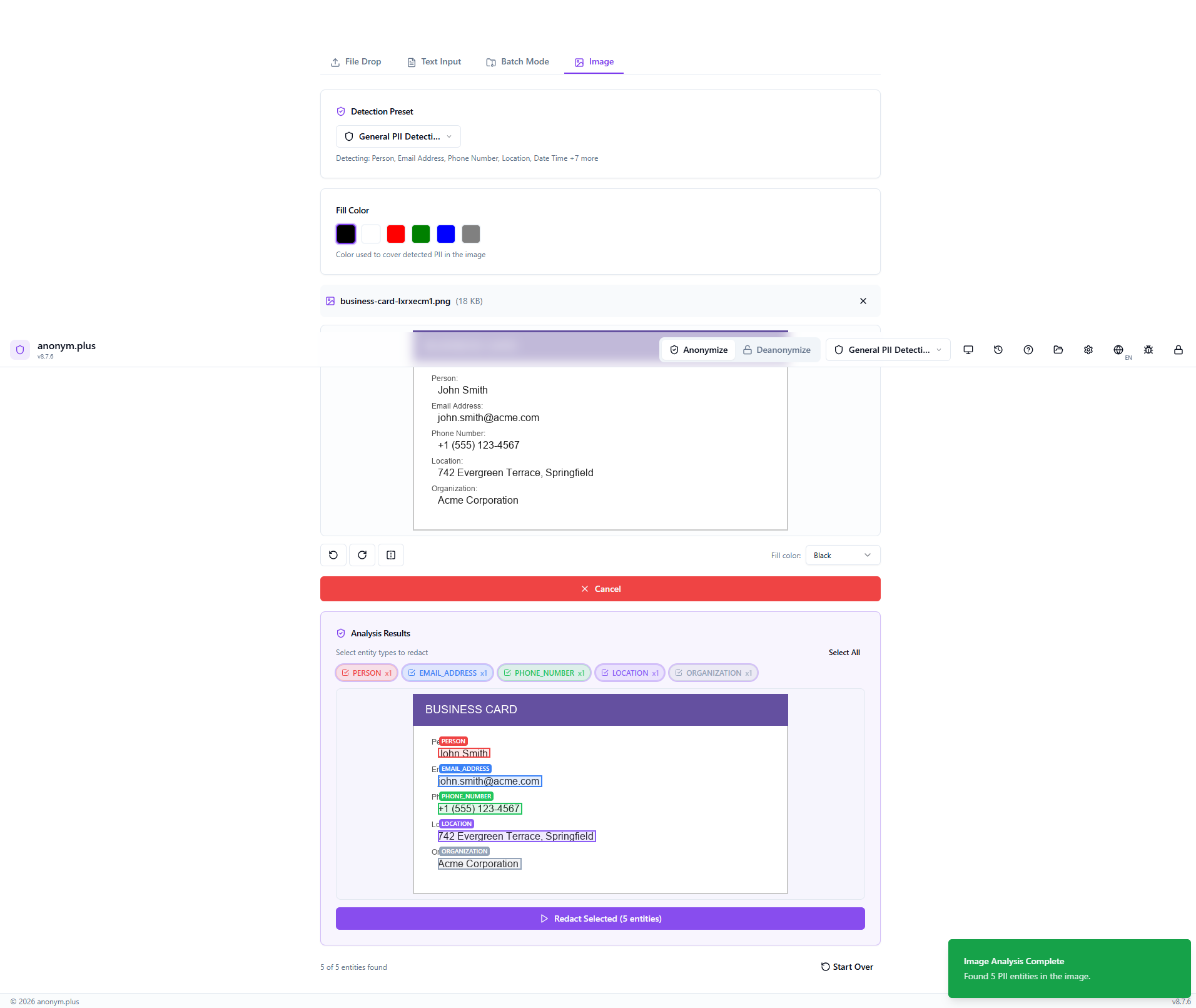 Redacting selected PII areas with black fill rectangles over detected text regions