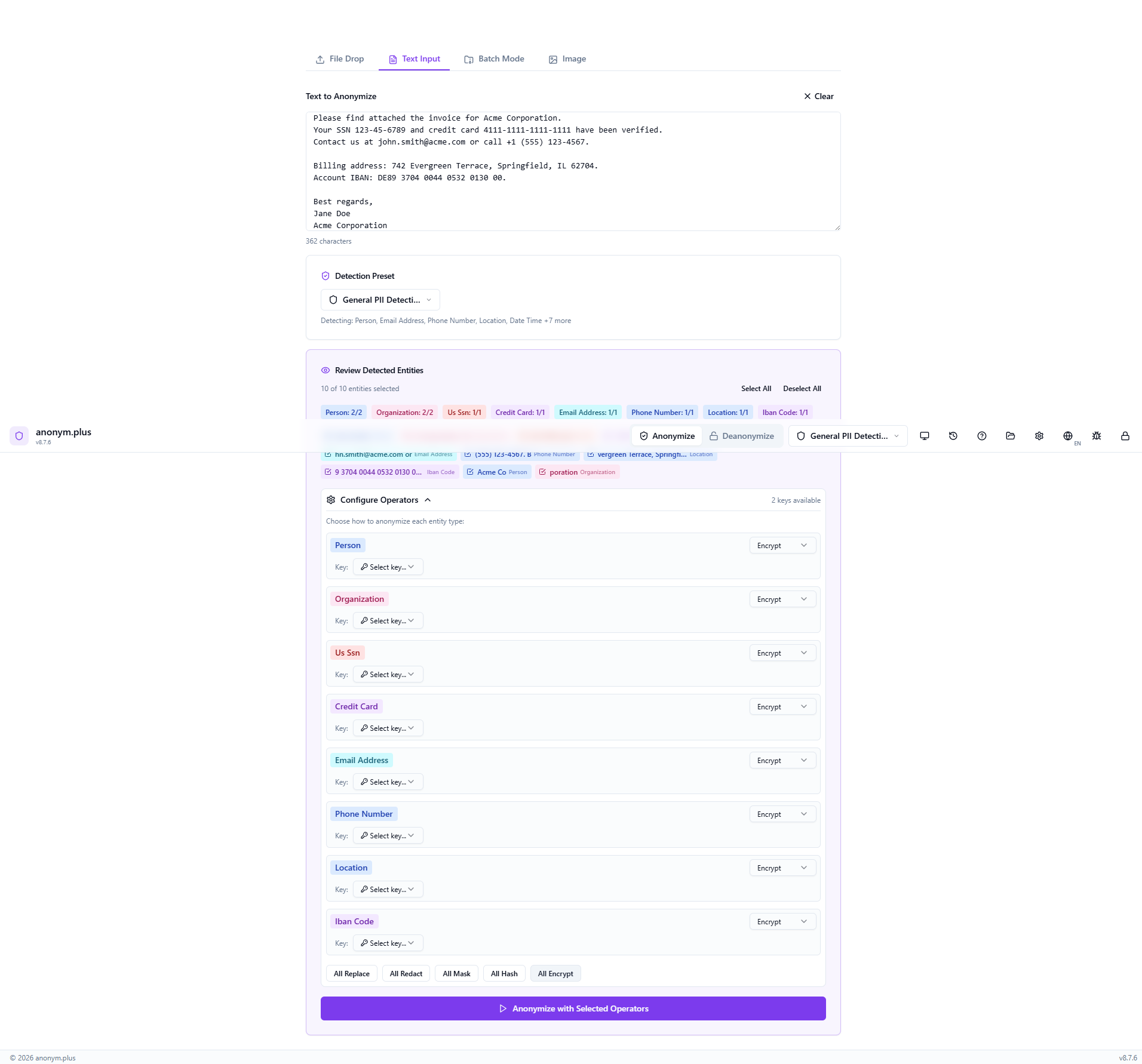 All Encrypt button clicked — every entity type set to encrypt operator with Production Key 256-bit selected for reversible anonymization