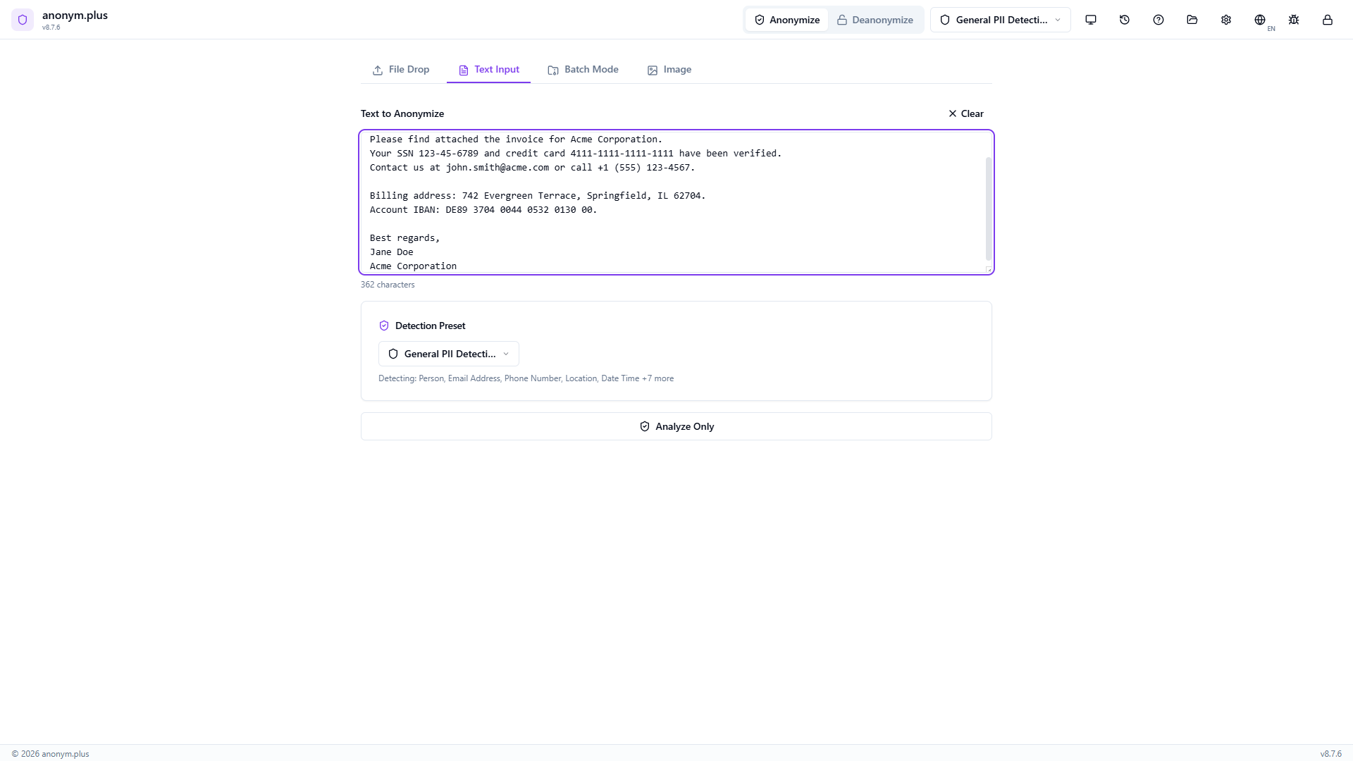 Pasting a business letter containing PII into the text input area for encryption-based anonymization