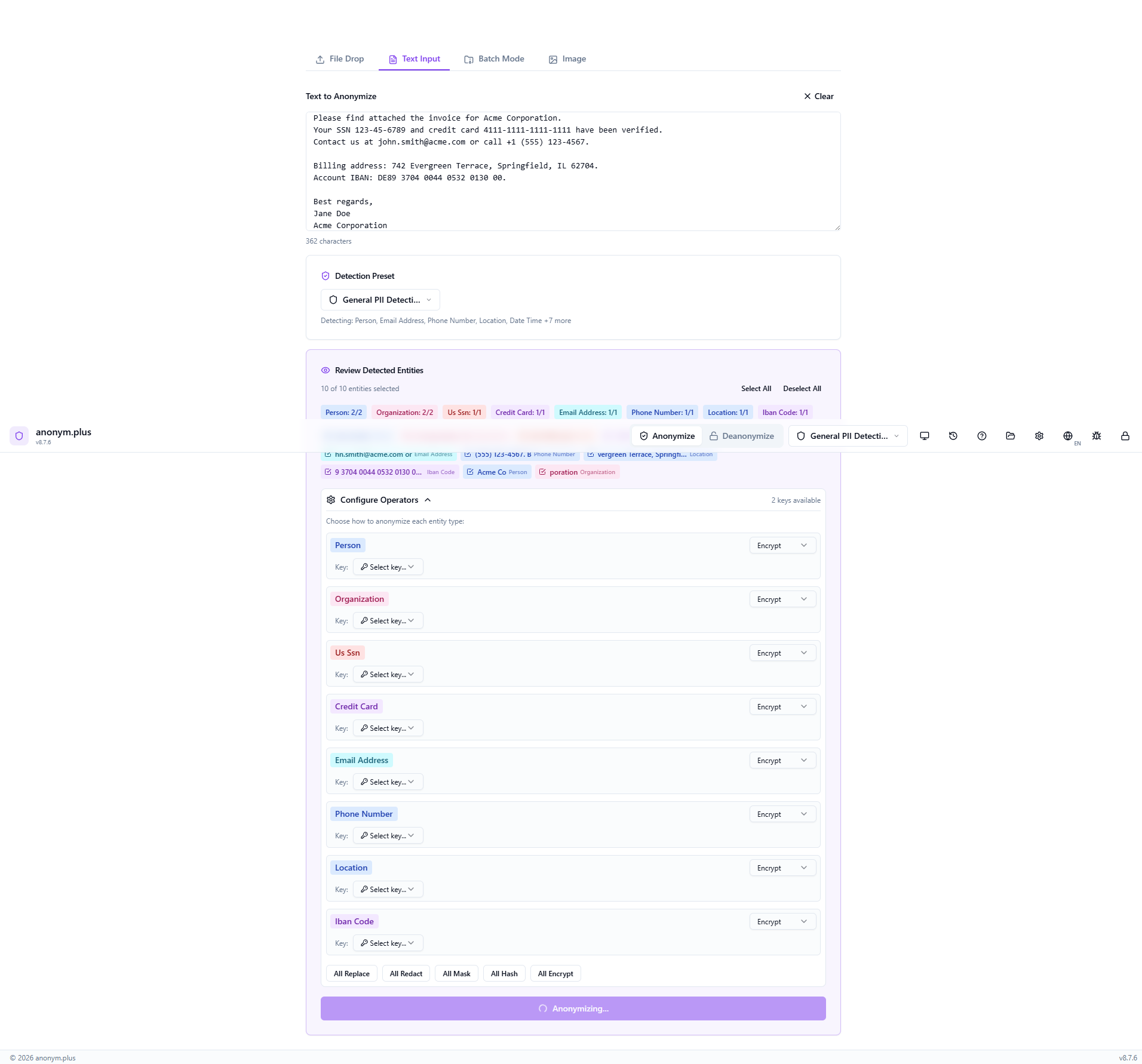 Processing state while each entity is encrypted with the selected encryption key