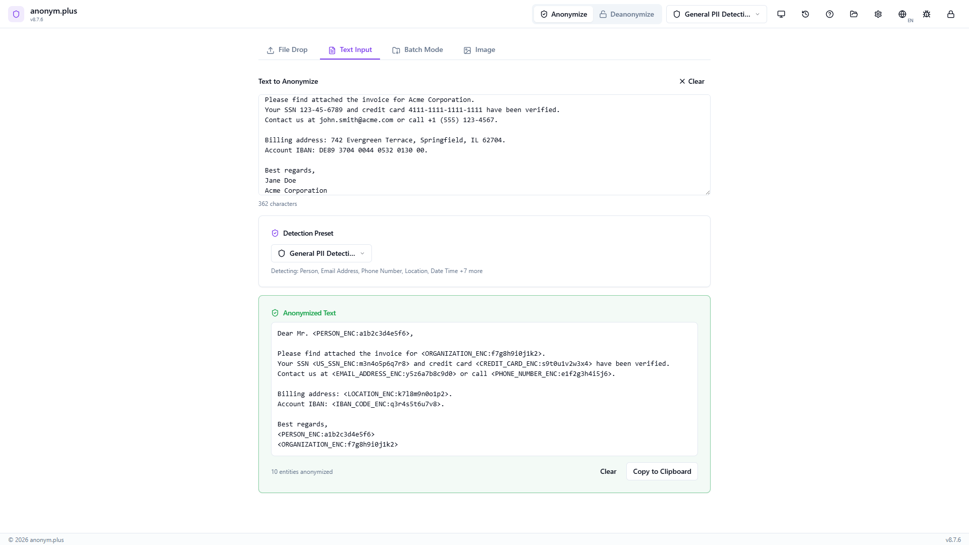 Anonymized output with reversible encrypted tokens like PERSON_ENC and EMAIL_ADDRESS_ENC — decryptable via the Deanonymize feature