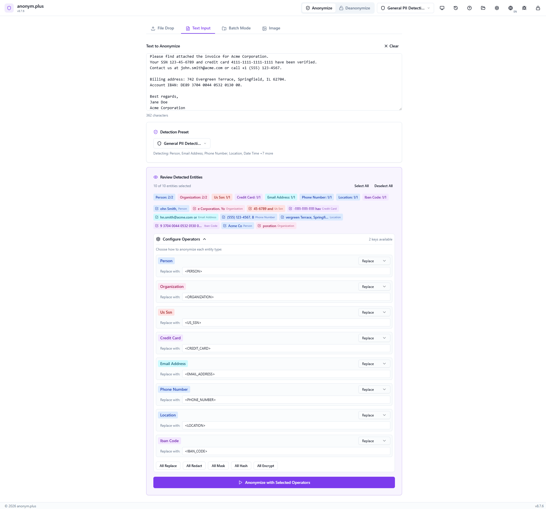 Reviewing 10 detected PII entities with color-coded badges before choosing the encrypt operator