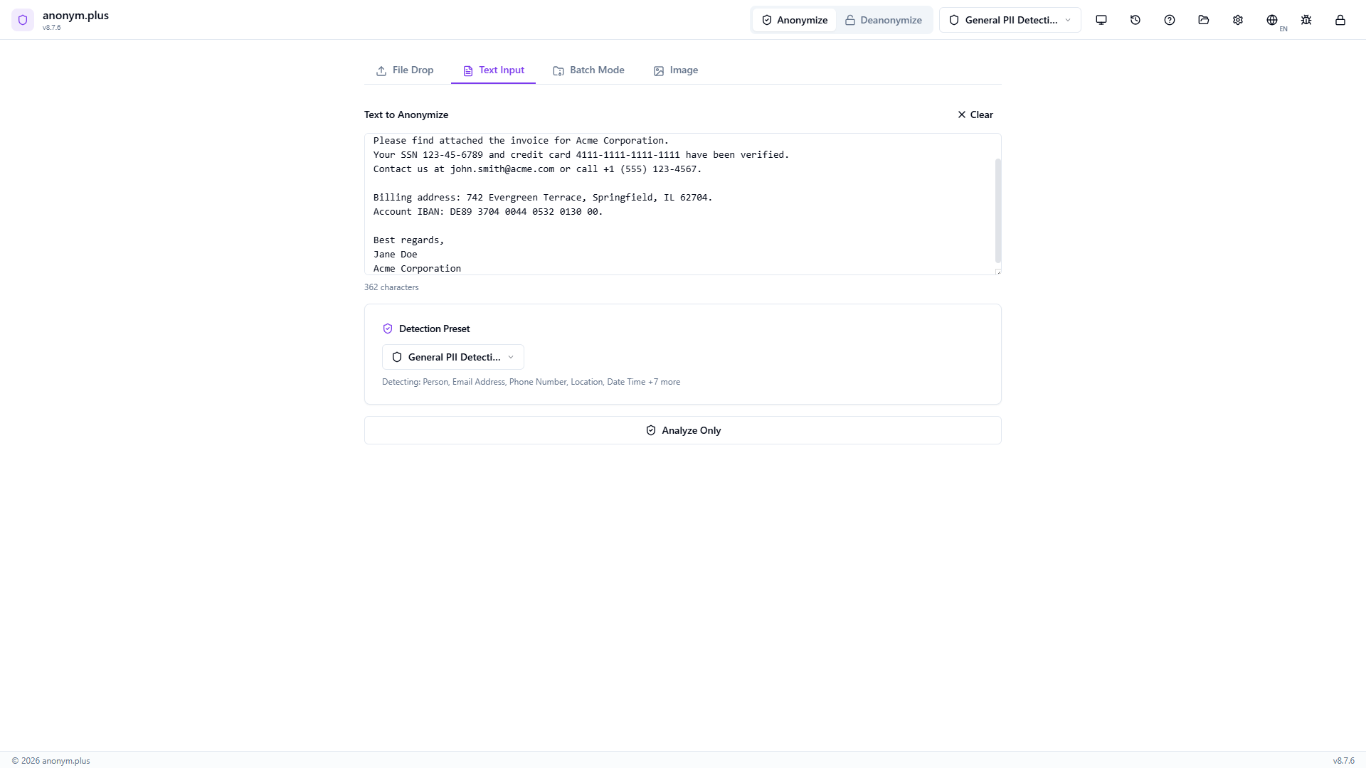 General PII Detection preset selected for encrypted anonymization