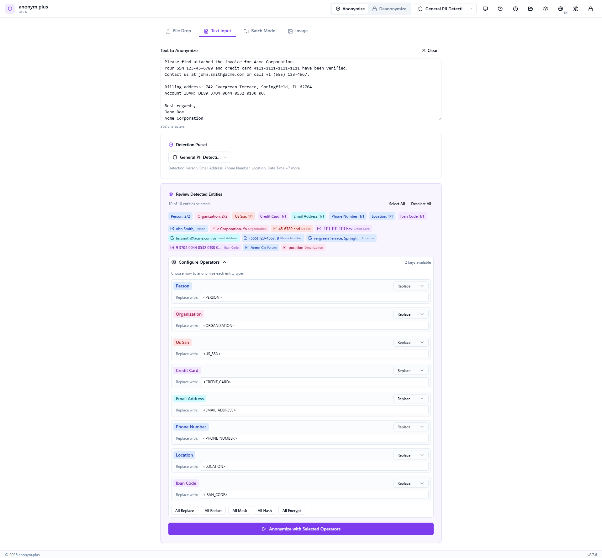 Replace operator configured for all 8 entity types — each PII value will be substituted with a type label like PERSON, EMAIL_ADDRESS, PHONE_NUMBER