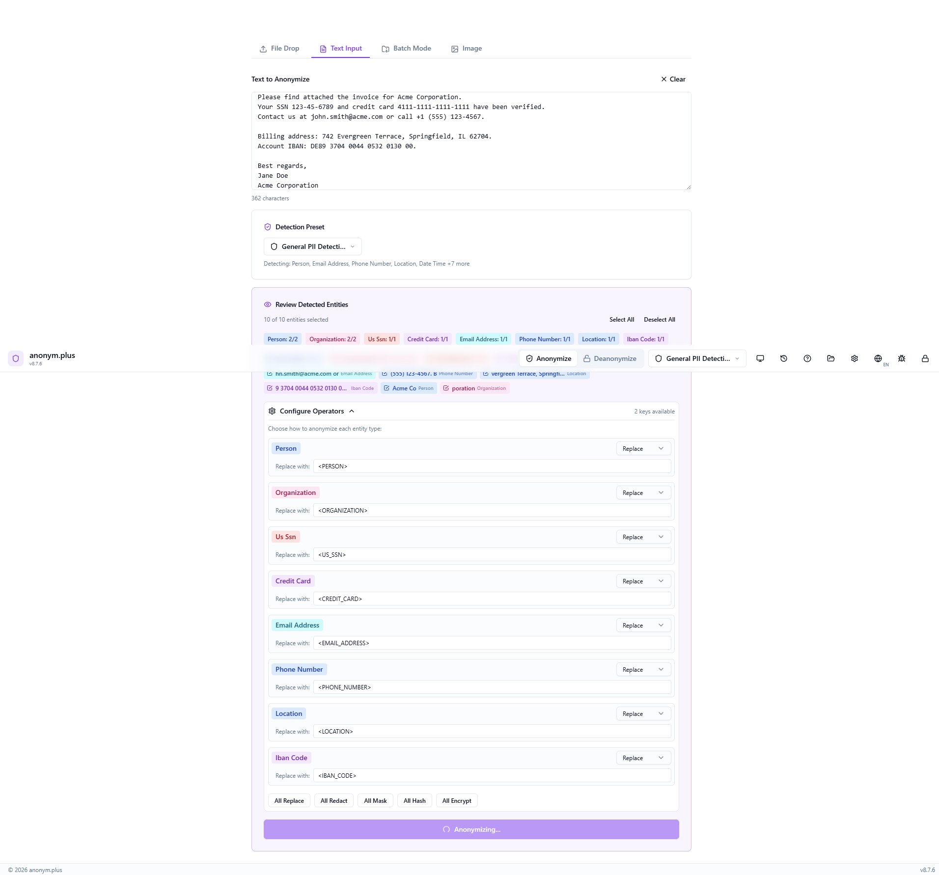 Processing state while each entity is replaced according to the configured operators