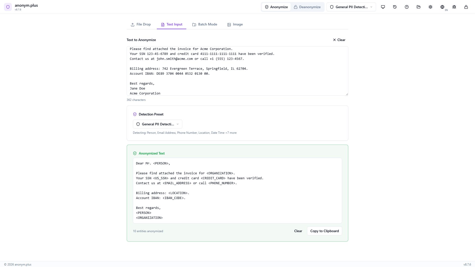 Anonymized text output with all PII replaced by type labels — PERSON, EMAIL_ADDRESS, PHONE_NUMBER, LOCATION, CREDIT_CARD, IBAN_CODE, US_SSN, ORGANIZATION