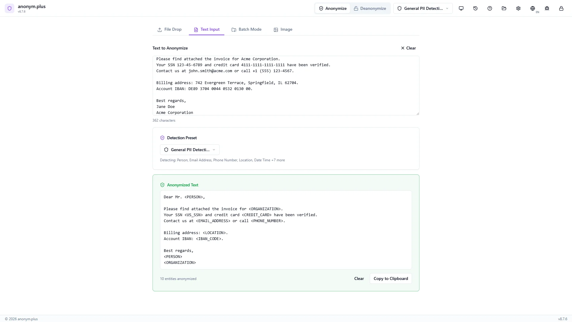 anonym.plus interface showing PII detection and anonymization results