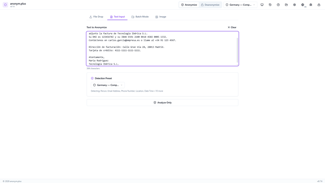 Anonimización de texto modo cifrado con AES-256-GCM en español