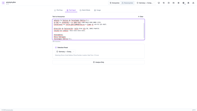 Anonimización de texto modo reemplazar con entidades PII detectadas en español